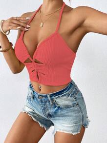 Breezaya Women's Summer Solid Color Hollow Out Short Fitted Sexy Halter Neck Camisole