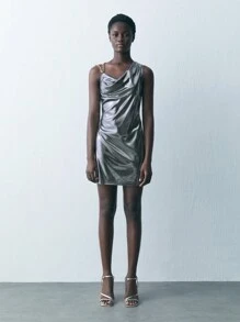 Maija Vestido corto de verano para mujer con cuello asimétrico metálico, vestido metálico, vestido de brillo, vestido brillante