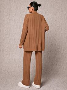 EURMUSE Drop Shoulder Cardigan & Knit Pants - Bronze - View 2