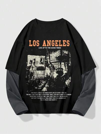 Street Life Camiseta casual de cuello redondo de manga larga con estampado gráfico 2 en 1 para hombres, primavera y verano, otoño