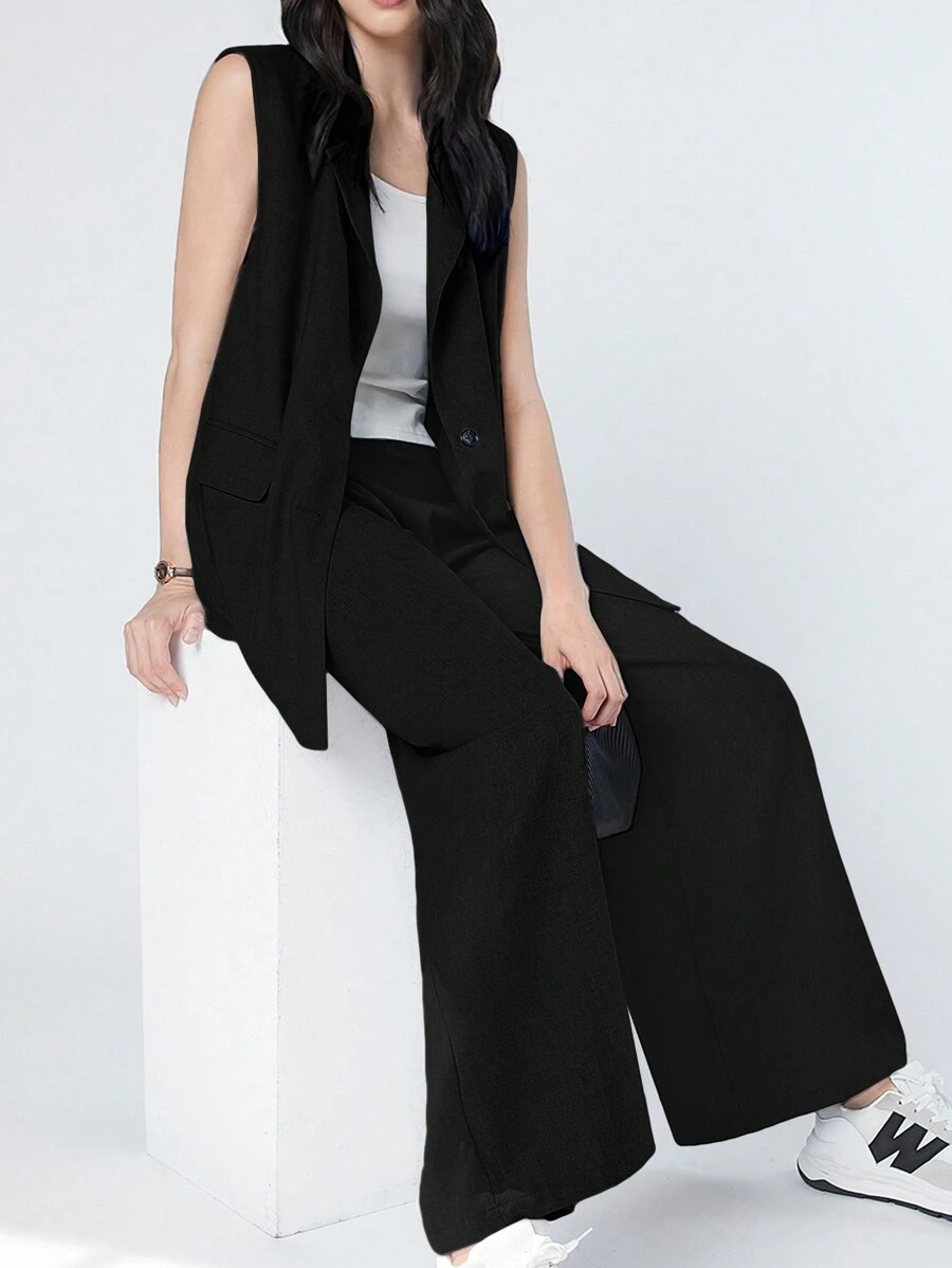 Mulvari 女士纯色休闲背心和裤子套装，春夏 - 黑色 - 查看 1