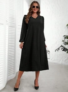 EMERY ROSE Vestito casual a maniche lunghe da caduta con scollo a V tinta unita, adatto alle taglie forti per vacanza