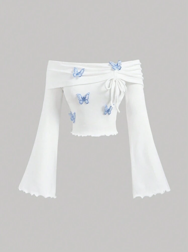 SHEIN MOD قميص تي شيرت نسائي أبيض بأكمام واسعة منسدلة، تي شيرت أزرق بفيونكة، تي شيرت أنيق، تي شيرت نسائي للخريف/الشتاء، تي شيرت معرض النهضة، غربي، حفل عودة المدرسة، ملابس علوية قمصان جميلة، شاطئ، حفلة، غداء نسائي، 90s، قلب الريف، الموضة الكورية، قميص تي شيرت كم طويل جميل - ازرق وابيض - مشاهدة 1