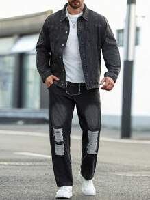 Manfinity Homme Plus Size Men's Solid Color Long Sleeve Jacket And Long Pants Denim Fall Outfits Suit - Black - View 3