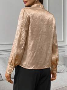 SHEIN Privé Blusa de manga larga con cuello en V dorado para mujer - Dorado - Ver 2