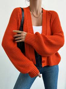 Solid Button Front Cardigan - Orange - View 5