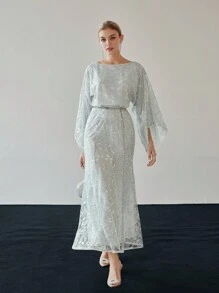 MOTF PREMIUM SEQUIN EMBROIDERY PLANTS PATTERN BELL SLEEVE MERMAID HEM LONG DRESS WITHOUT BELT - Multicolor - View 4