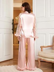 Crystal Vow 3件套花卉蕾丝爱心网纱拼接仿丝绸女士长袖上衣和裤子睡衣套装，秋冬服装 - 粉色 - 查看 2
