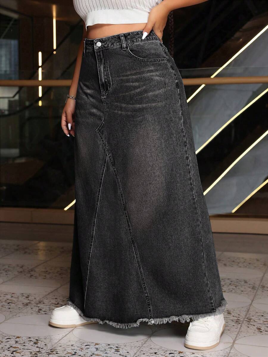 SHEIN ICON 大码女式口袋磨边下摆长款休闲半身裙 - 灰色 - 查看 1