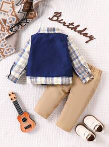3pcs Baby Boys Plaid Shirt,Navy Vest And Khaki Pants Gentleman Suit Set,Cute Family Matching Outfit For Summer Photography,Party,Wedding,Beige - Multicolor - View 2