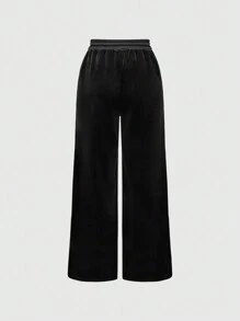 ROMWE Goth Gyaru 夏季海滩、西部音乐会、节日街头服装女士 - 2 件黑色哥特式天鹅绒十字水钻吊带背心和弹性加大码裤子套装 - 黑色 - 查看 3