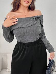 Mulvari T-shirt côtelé ajusté à manches longues et épaules dénudées en couleur unie pour femmes grandes tailles, t-shirts casual ajustés - Gris - Voir 5