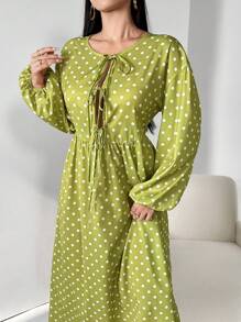 Mulvari Damen Kleid mit Langarm und Bindekordel vorne, mit Polka Punkt Muster