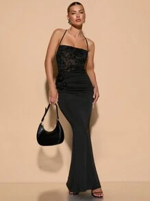 SHEIN BAE Sweet Holiday Date Mesh All-Over Floral Print Flocked Spaghetti Straps Neckline Draped Women's Bodysuit ,Club Women Outfits,Halloween Outfits - Black - View 4