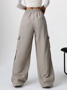 SHEIN EZwear Pantaloni cargo casual da donna con coulisse in vita e blocchi di colore a righe - Cachi - Visualizzare 2