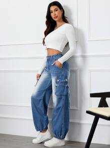 SHEIN Essnce Women's Button Waistband, Side Pocket, Straight-Leg Casual Fashion Street-Style Jeans - Light Wash - View 3