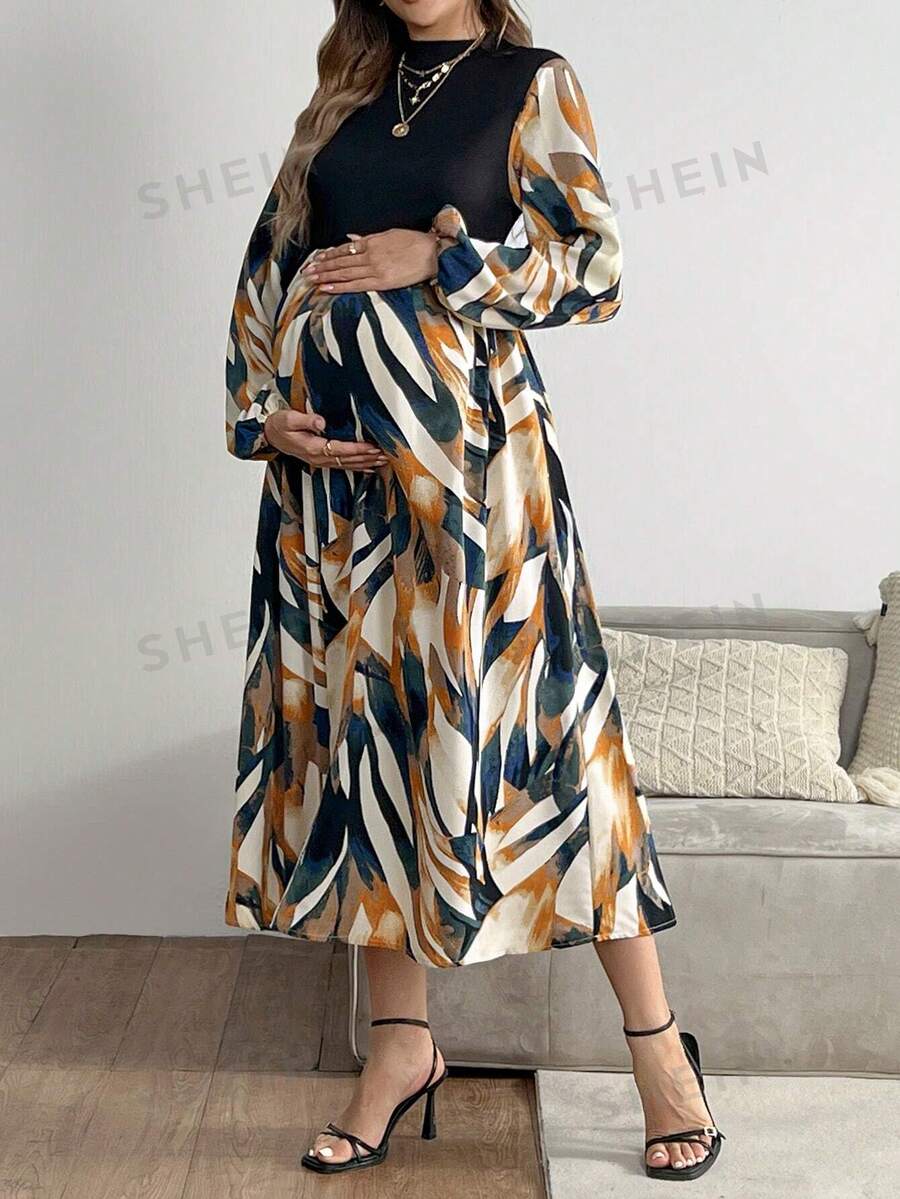 SHEIN Maternity Stand Collar Long Sleeve Floral Print Colorblock