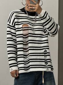 StreetHx Suéter a rayas desgastado de moda para mujer, jersey de punto para otoño e invierno - Blanco y Negro - Ver 4