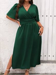 Vionelle Plus Size Casual Solid Color Waist Drawstring Side Split Dress, Summer Women Outfit