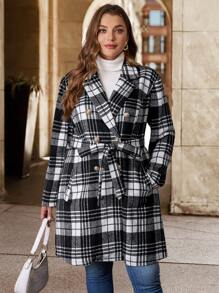 SHEIN Clasi Plus Size Women's Black And White Plaid Metal Button Cinched Waist Jacket, Autumn/Winter