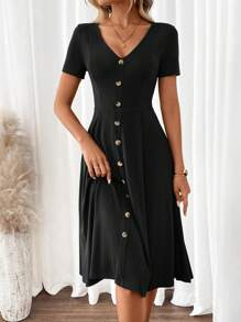 SHEIN Clasi Damen elegantes grünes A-Linien Kleid mit V-Ausschnitt und Kurzarm