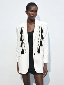 Maija Women's Fall Patchwork Fringe Trim Lapel Long Sleeve Elegant Blazer Jacket