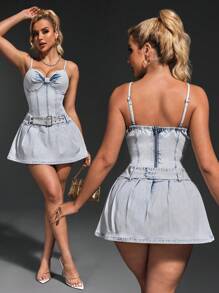 SHEIN SXY Denim Spaghetti Strap Pleated Back Zipper Minimalist Short Casual Dress - Light Wash - View 1