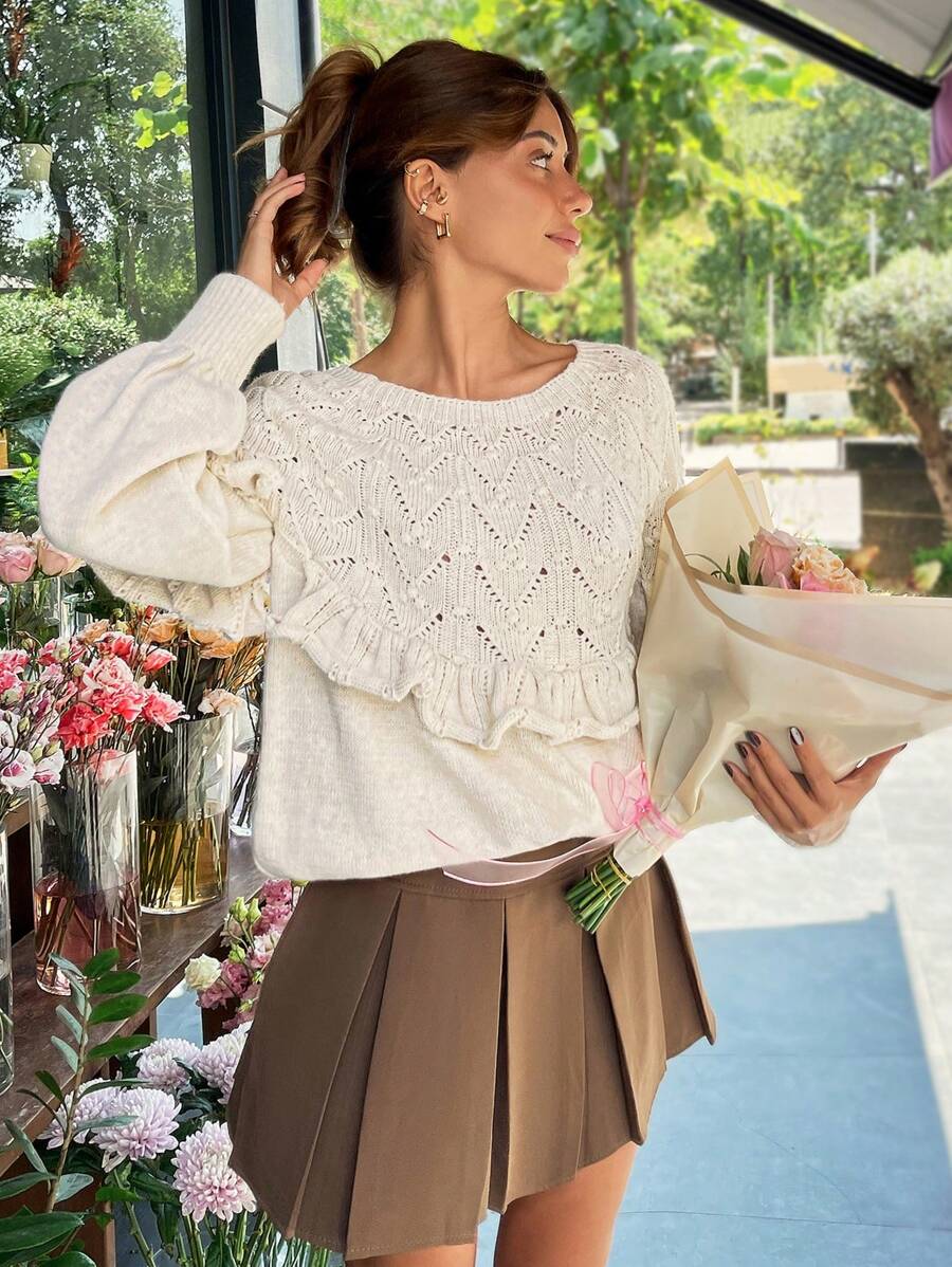 EURMUSE Women's Autumn/Winter Long Sleeve Ruffled Jacquard Knit Sweater - Beige - View 1