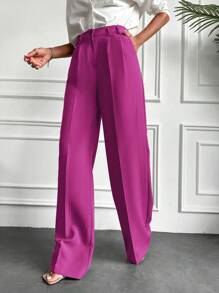 EURMUSE Solid Slant Pocket Wide Leg Suit Pants - Burgundy - View 3