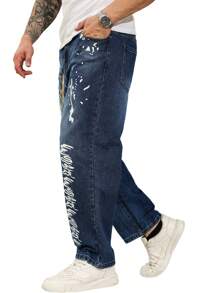 Manfinity Homme Plus Size Men's Letter Print Patch Pocket Straight Loose Casual Denim Jeans - Medium Wash - View 4