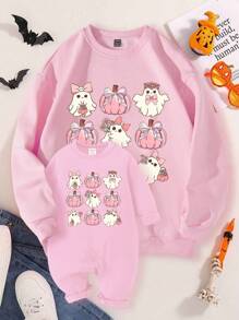 女士休闲时尚万圣节元素格纹蝴蝶结、南瓜、幽灵卡通印花基础款圆领套头卫衣 - 粉色 - 查看 3