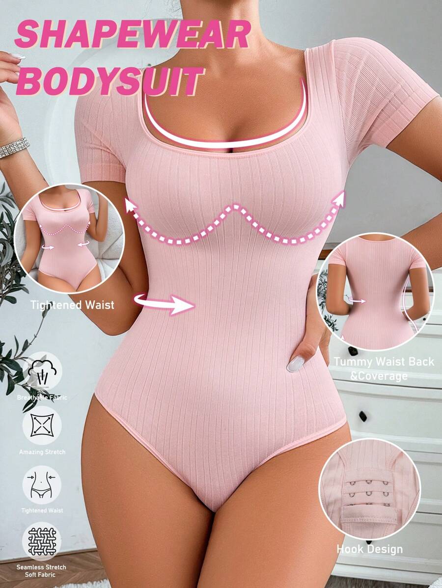 Snug Zone Women's Seamless Waist Cincher Bodysuit With Short Sleeves And Panty, One Piece - Baby Pink - View 1