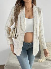 SHEIN Maternity Plaid Print Long Sleeve Cardigan - White - View 1