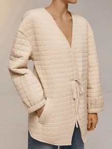 Poéselle Abrigo acolchado con cordones, textura a cuadros sólidos y lazo para mujer. Chaqueta acolchada acolchada de otoño e invierno - Caqui - Ver 3