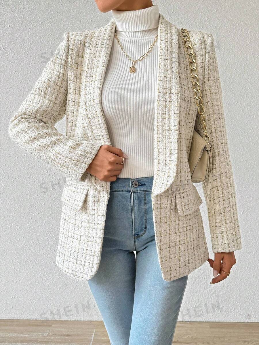 Almamuse Blazer elegante de manga larga con cuello de solapa a cuadros para mujer, otoño/invierno