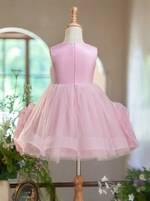 SHEIN Glamorique Kids 女童圣诞公主粉色 3D 花卉网眼薄纱露露派对礼服、婚礼、派对 - 粉色 - 查看 2