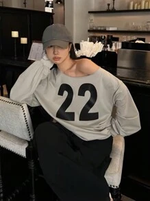 INAWLY 女式不对称领、长袖、宽松图案印花运动衫，秋冬季 - 灰色 - 查看 5