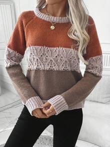EMERY ROSE Women's Autumn Winter Contrast Color Round Neck Raglan Long Sleeve Loose Casual Sweater, Knit Pullover Fall - Multicolor - View 6