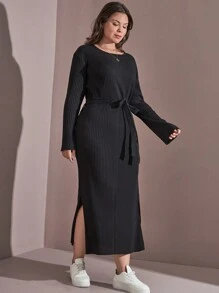 EURMUSE Cotton Plus Casual Cottonline Belted Dress With Side Slits - Black - View 3