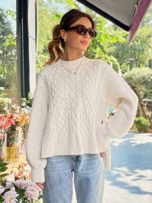 RueChic Cable Knit Open Back Pullover Sweater - Beige - View 6