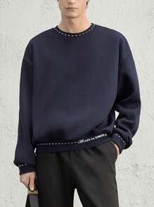 AKNOTIC Business Casual Men's Casual Loose Crew Neck Sweatshirt With Letter Print - Blue, For Fall Winter - Navy Blue - View 1