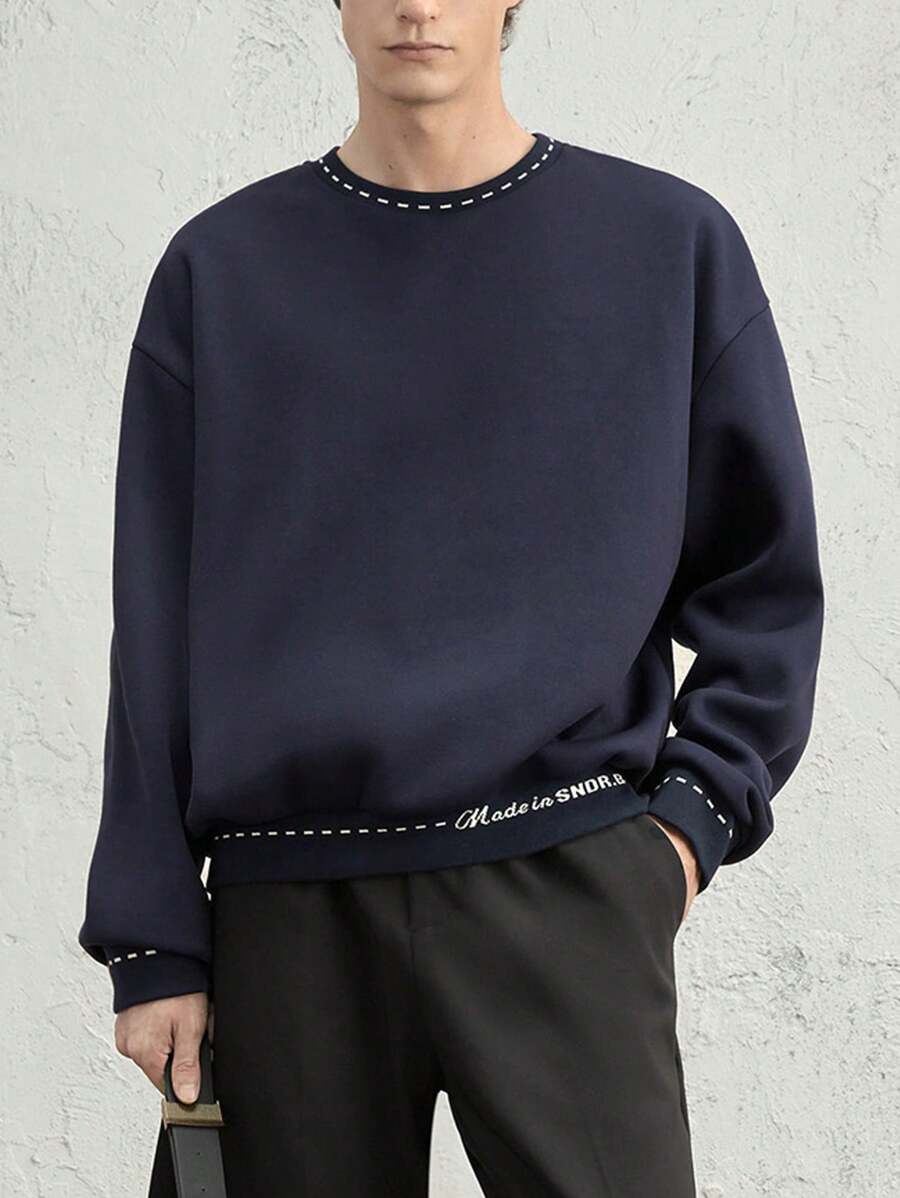 AKNOTIC Business Casual Men's Casual Loose Crew Neck Sweatshirt With Letter Print - Blue, For Fall Winter - Navy Blue - View 1