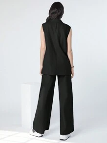 Mulvari 女士纯色休闲背心和裤子套装，春夏 - 黑色 - 查看 2