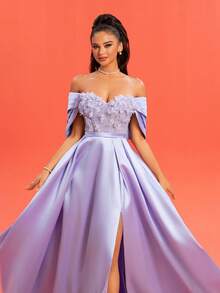 New Off-Shoulder Lace Floral Patchwork Side Slit Back Zipper Closure Elegant Fashion Cocktail Evening Gown Formal Prom Wedding Guest Dress, For Graduation, Dinner Party Dress - Mauve Purple - View 8