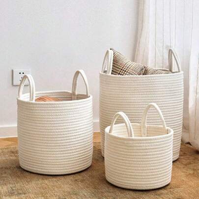 1 Giỏ đựng đồ bằng vải lanh màu trơn, giỏ đựng quần áo bẩn, giỏ đan bằng dây thừng dùng để đựng quần áo bẩn, đồ chơi của thanh thiếu niên và chăn mền trong phòng tắm, phòng trẻ em và phòng khách, kiểu dáng đồng quê, có ba kích cỡ S/M/L để lựa chọn, thích hợp làm quà tặng Giáng sinh.