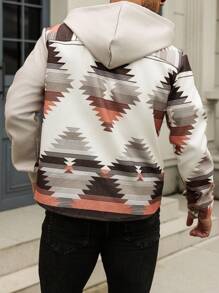 Manfinity Homme Plus Size Men's Geometric Print Drawstring Hooded Casual Shacket, Spring Autumn - Multicolor - View 2