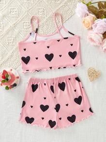 SHEIN Conjunto de pijama con camiseta de tirantes con gráfico de corazón y pantalones cortos para niñas preadolescentes
