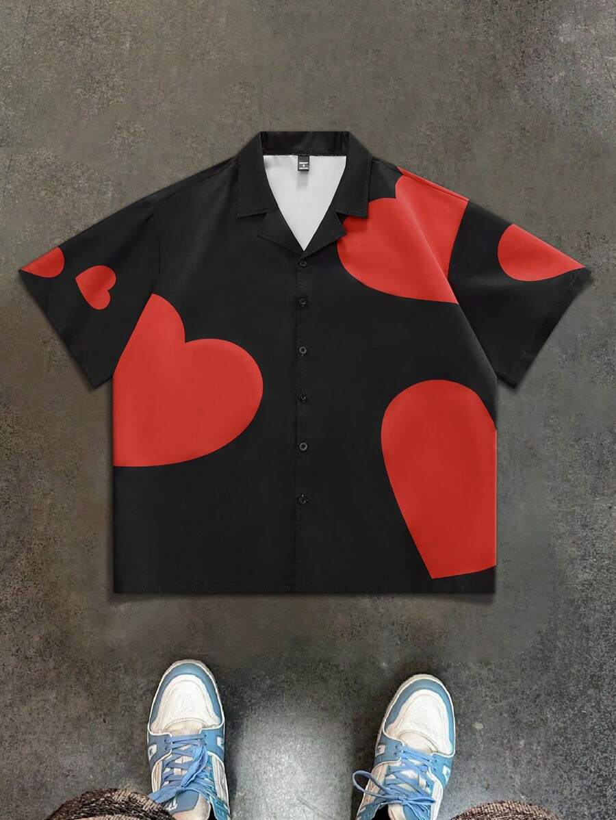 Manfinity EMRG Áo sơ mi nam tay ngắn in hình trái tim màu tương phản - màu đen - Xem 1