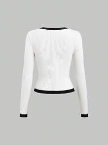 Sweetra Women Contrast Trim Long Sleeve Sweater, Knit Pullover Fall Winter - Beige - View 2