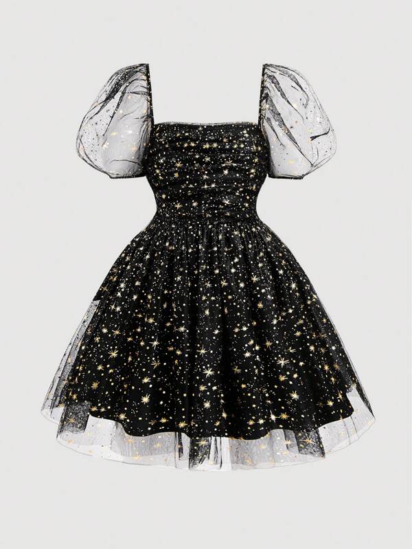 SHEIN MOD Plus Size Women Black Romantic Glitter Stars Mesh Puff Sleeve Ruffle Mesh Dress